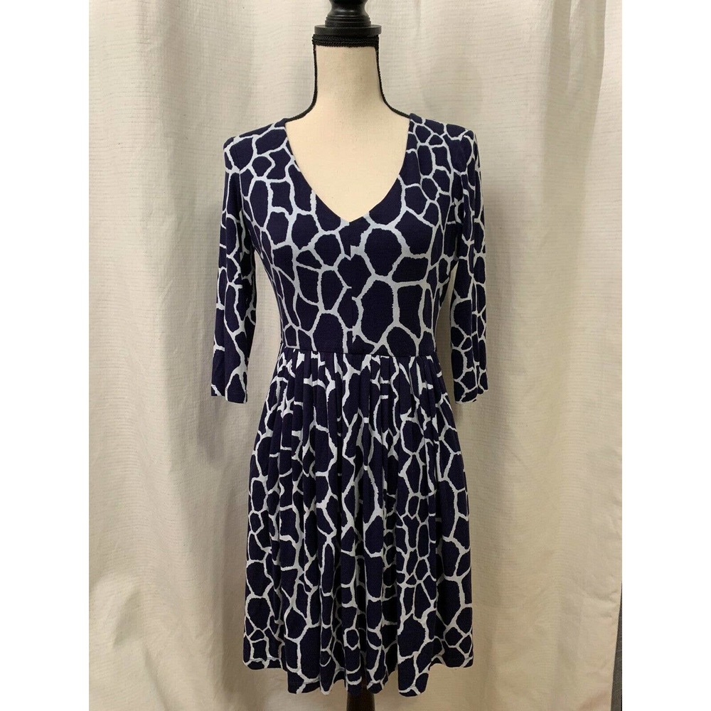 Jones New York Navy White Animal Print 3/4 Sleeve Knee Length Dress Pockets 6P